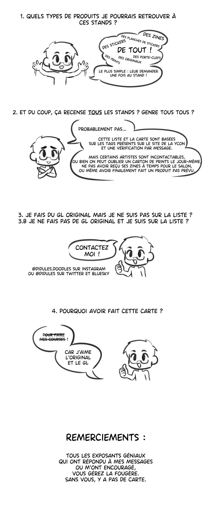 1) quels types de produits je pourrais retrouver à ces stands ? "Des zines, des planches de stickers, des prints, de tout ! Le plus simple : leur demander une fois au stand) 2) Ca recense *tout* les stands ? "Probablement pas, cette liste se base sur les t